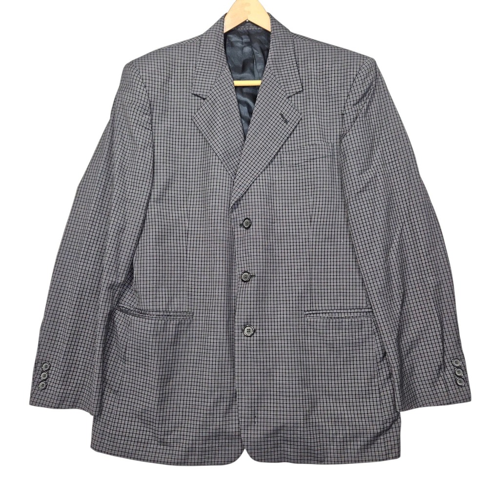 Europa Collection VTG Super 100s Wool Plaid Blazer Sport Coat Grey Sz 44L